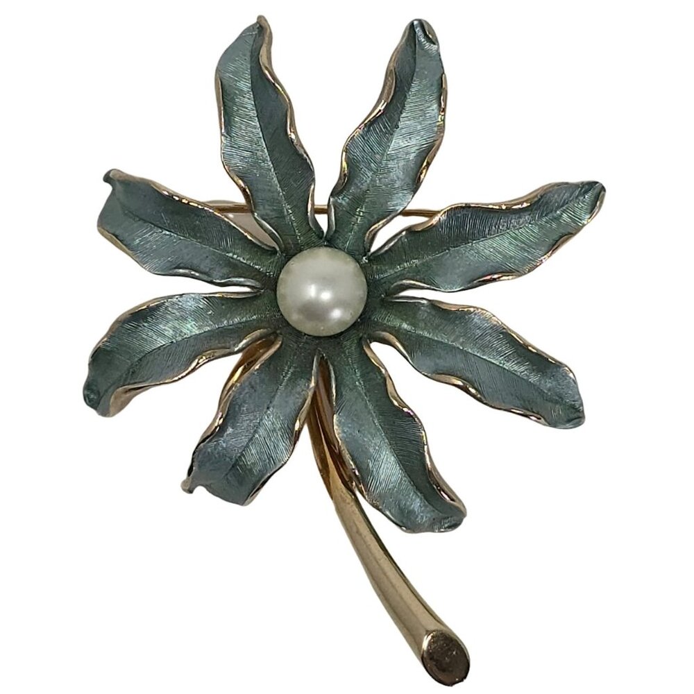 Vintage Kramer Blue-Green Enamel Flower Gold Tone Brooch Faux Pearl Center